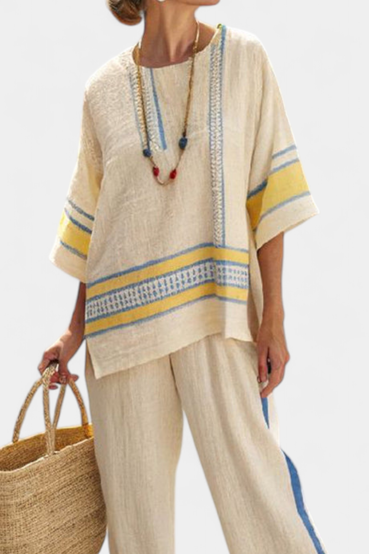 Jade | Comfortable Blue & Yellow Mediterranean Top & Trousers