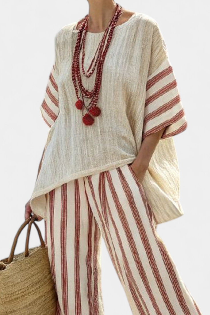 Fenna | Elegant Rustic Striped Top & Cream Trousers