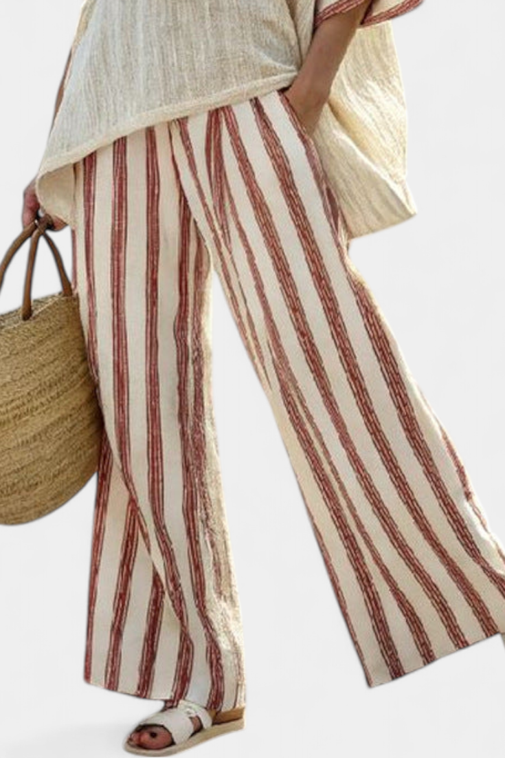 Fenna | Elegant Rustic Striped Top & Cream Trousers