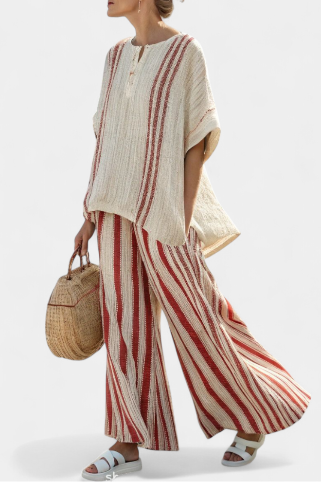 Noor – Sophisticated Red Striped Top & Trousers