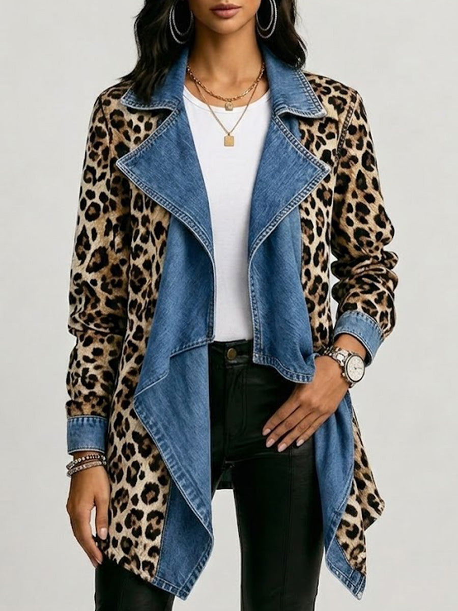 Sherilyn - Leopard Print & Washed Denim Paneled Mid-Length Jacket