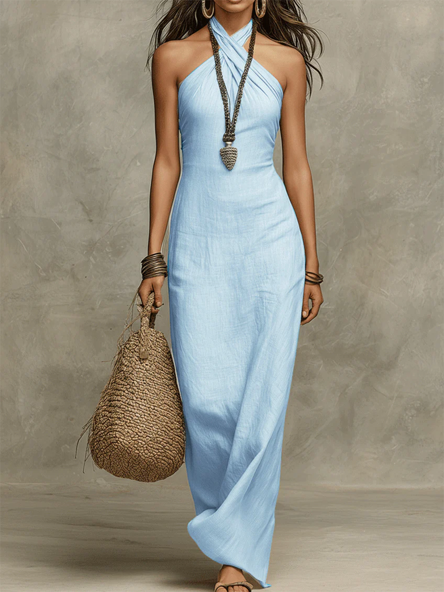 Avelina – Voluminous Cotton Blend Maxi Dress with Halterneck