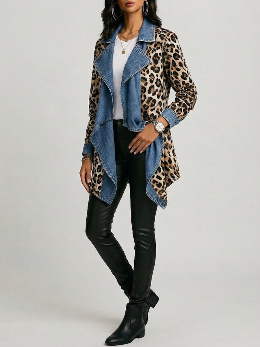 Sherilyn - Leopard Print & Washed Denim Paneled Mid-Length Jacket