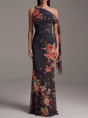 Black One-Shoulder Printed Pleated Chiffon Maxi Dress