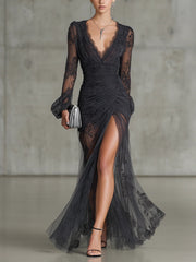 Dark Grey Lace Ruched Sheer Long Sleeve Slit Maxi Dress