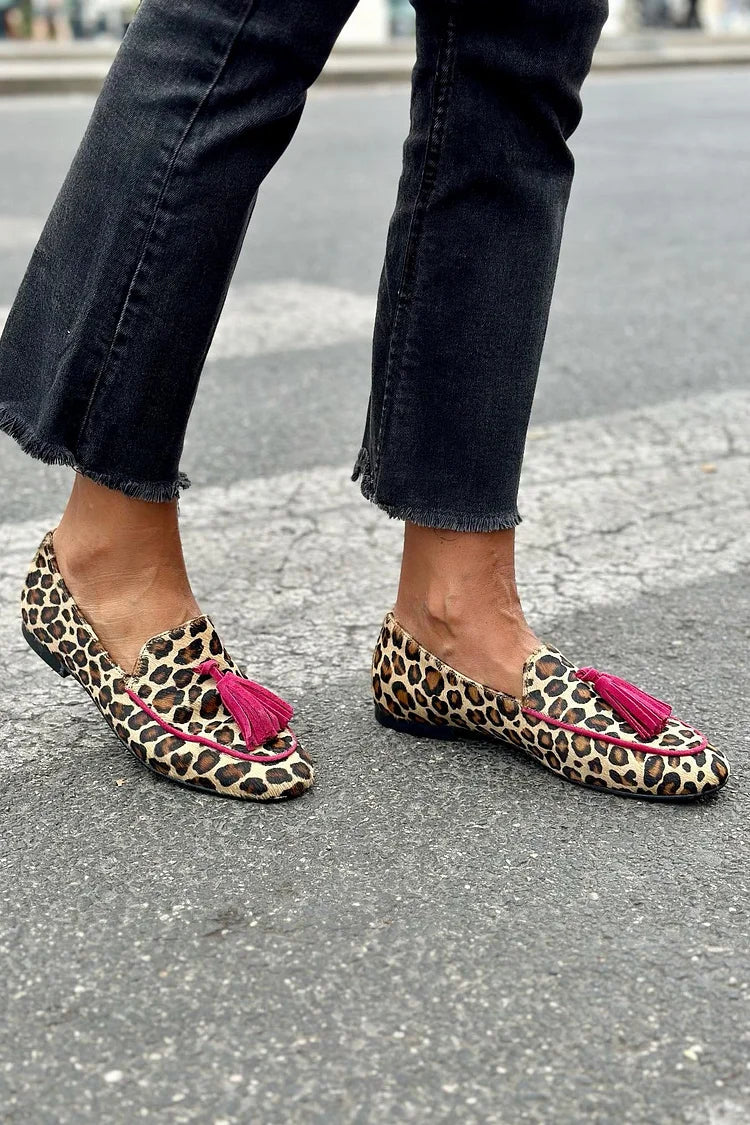 Animal Print Loafers with Fuchsia Fringe