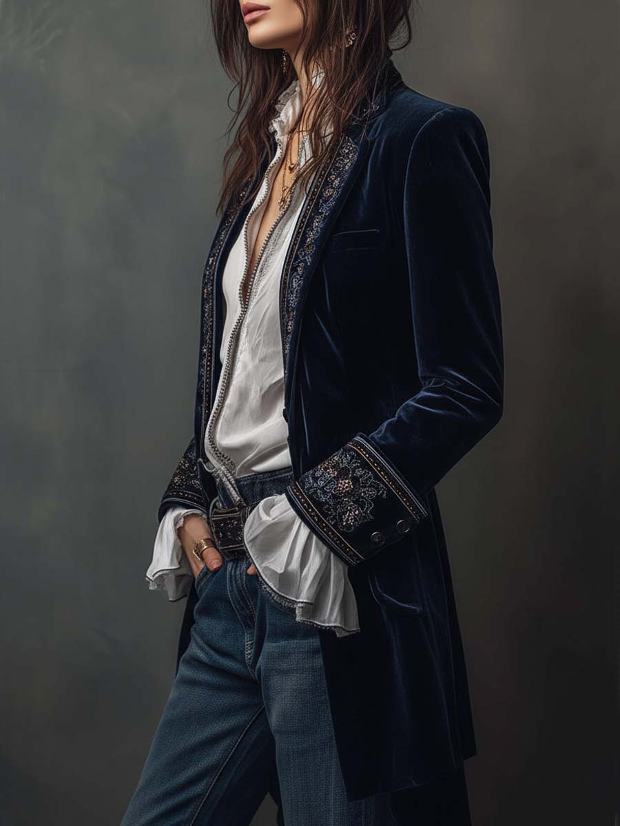 Vintage Navy Embroidered Longline Jacket