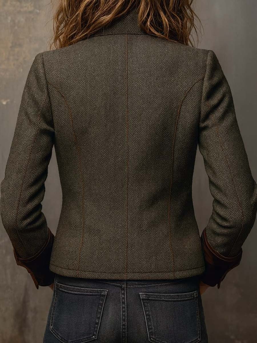 Vintage Herringbone Contrast Trim Blazer
