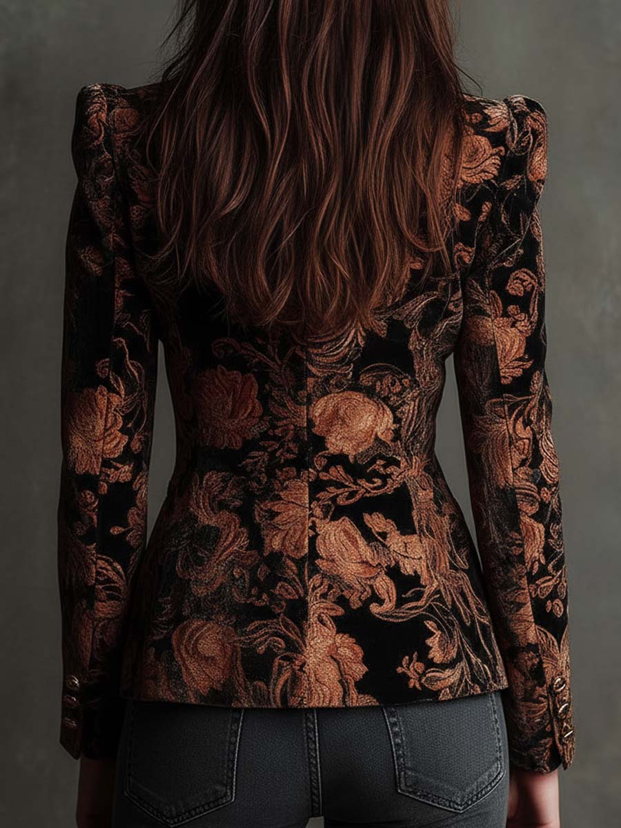 Black & Bronze Floral Print Tailored Blazer