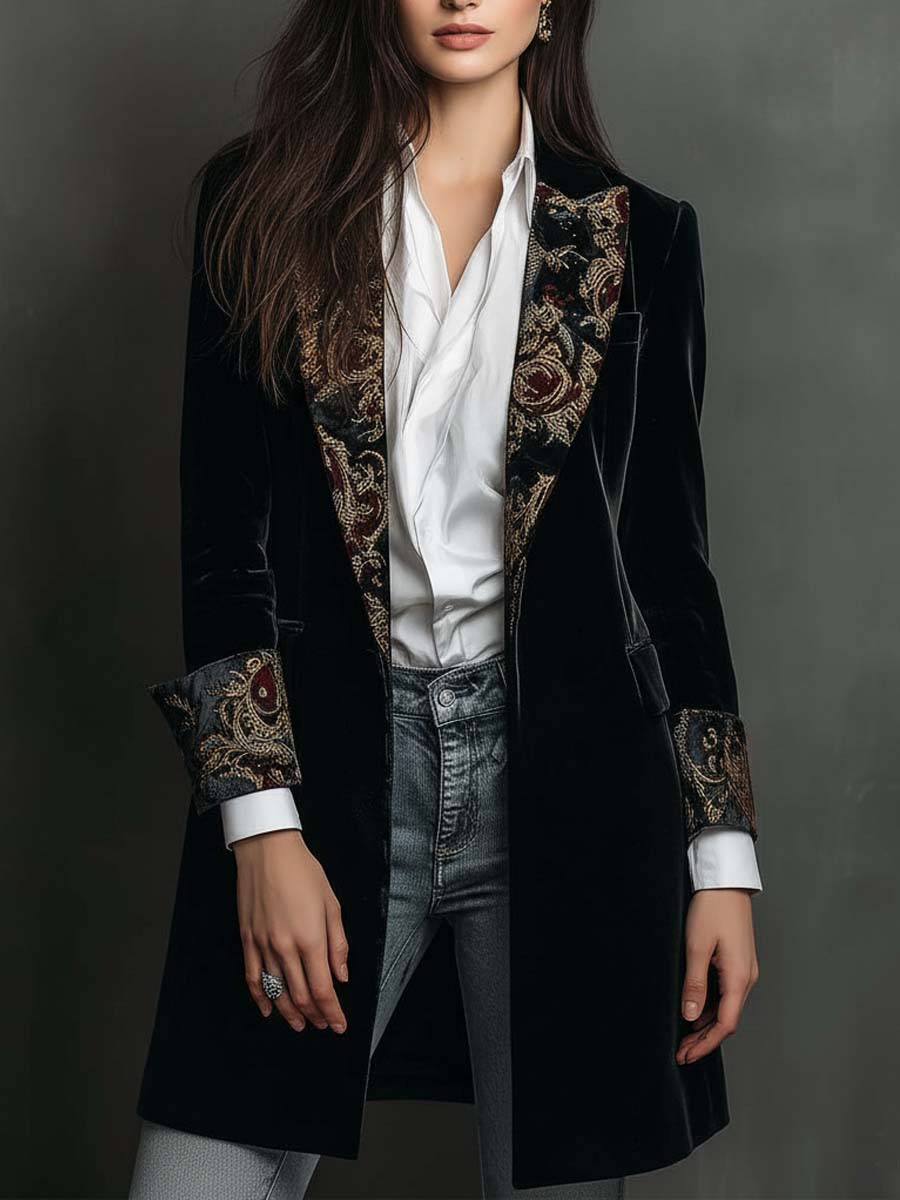 Black Baroque Print Lapel Slim Fit Blazer