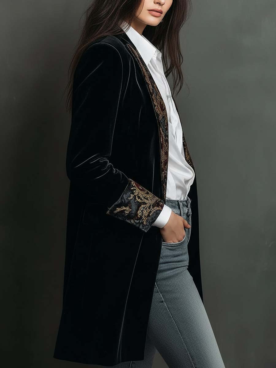 Black Baroque Print Lapel Slim Fit Blazer