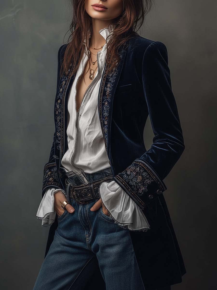 Vintage Navy Embroidered Longline Jacket