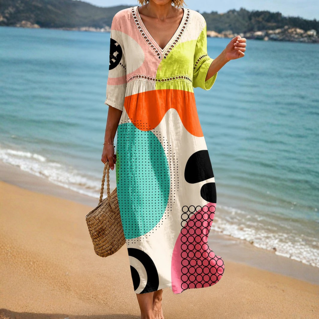 colourful beach dresses Abstract Print Dress Migrated Orange Cross Halter Prom low asymmetrical hemline Tiered Size:XL / 32-33 Sleeve