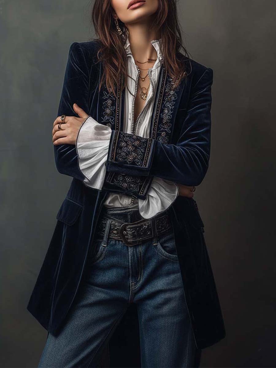 Vintage Navy Embroidered Longline Jacket