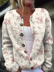 Pink Rose Florets Print Buttoned Cardigan