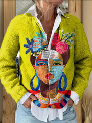Painting Portrait Art Printed Buttoned Cardigan