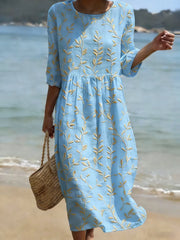 Natalie | Midi Dress with Botanical and Floral Print and Round Neck