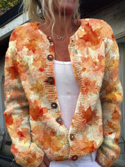 Maple Leaf Autumn Art Print Buttoned Cardigan