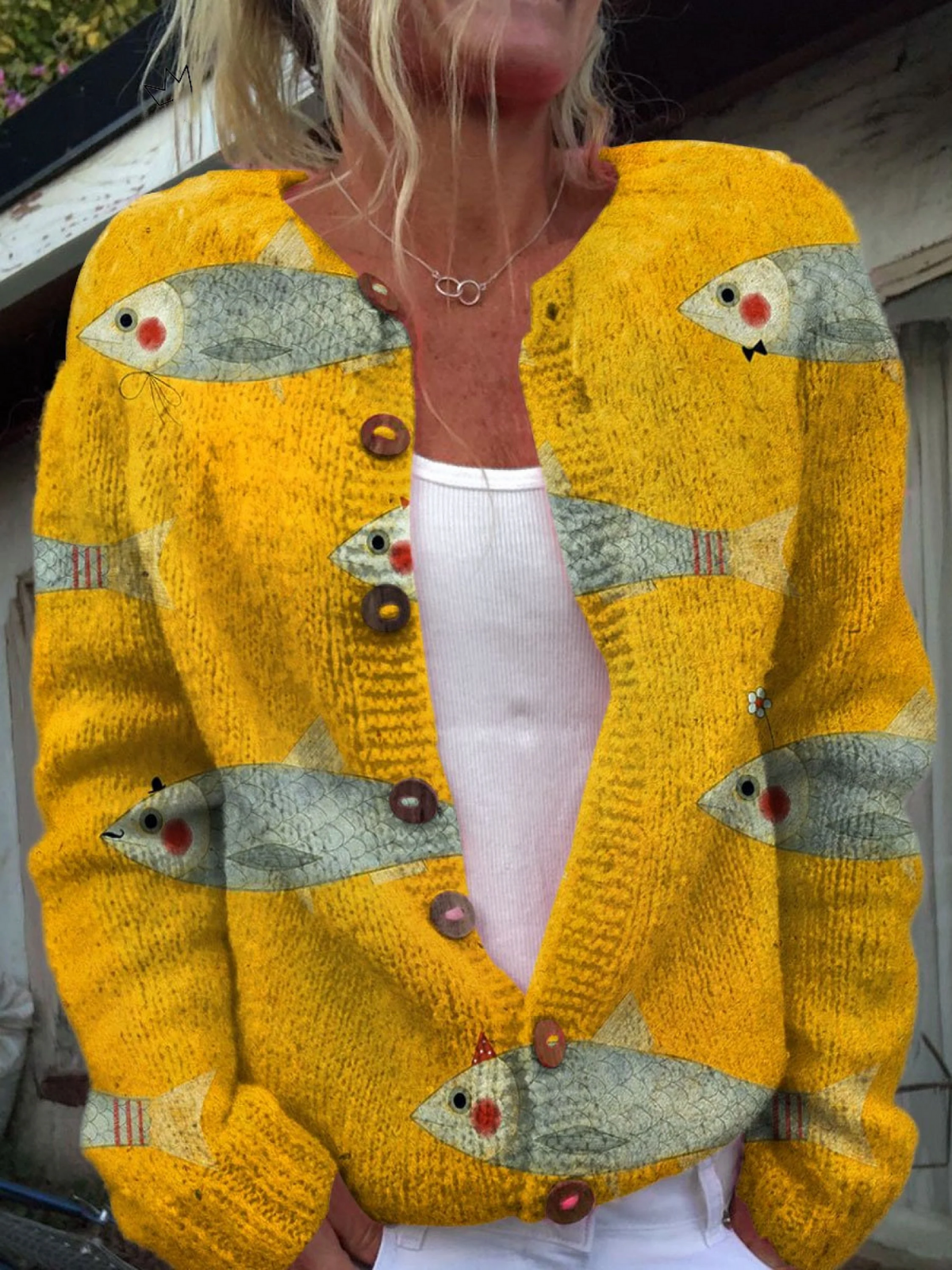 Vintage Fish Sardines Art Print Buttoned Cardigan