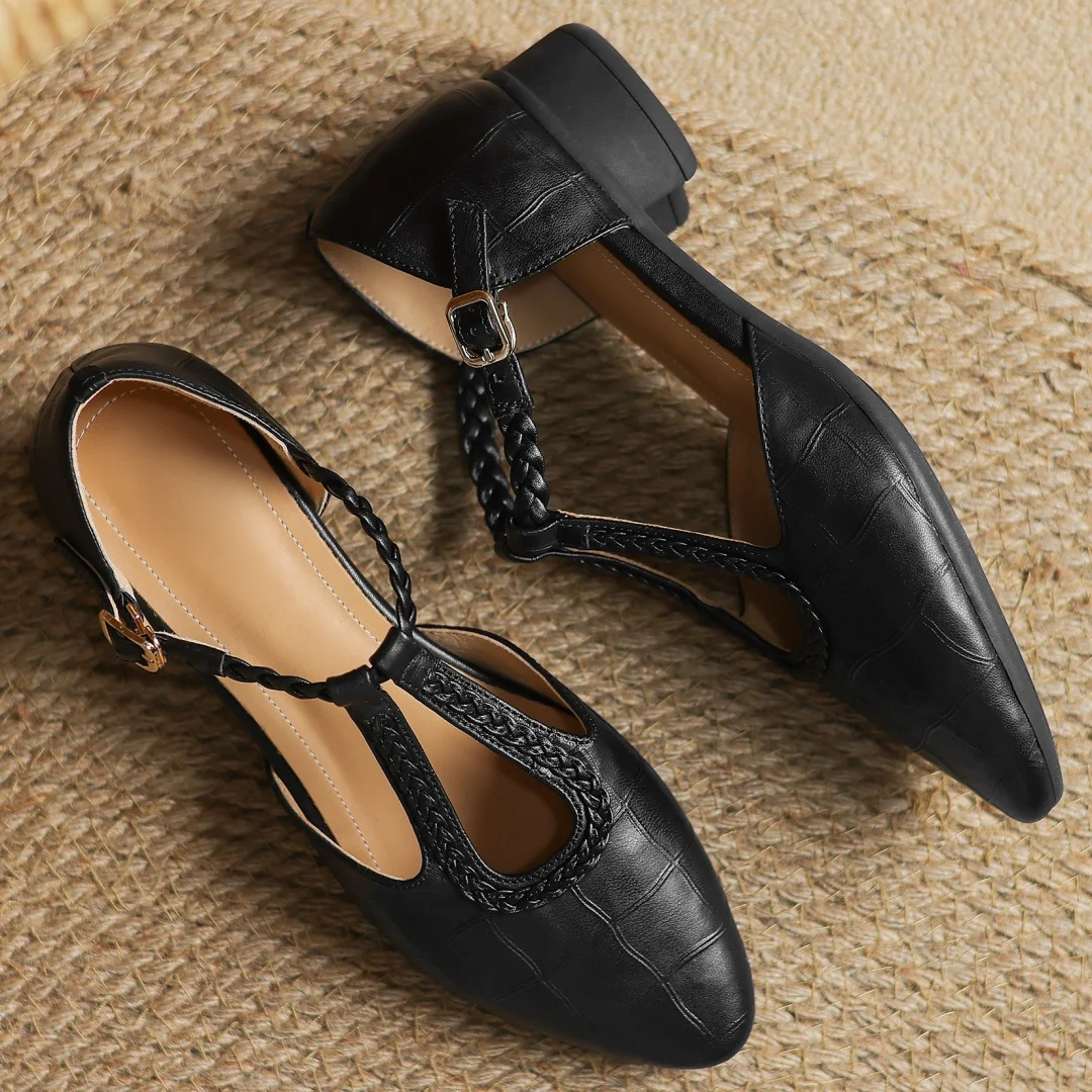 Astrid | Classic Leather Strap Shoes with Braided T-Bar Strap