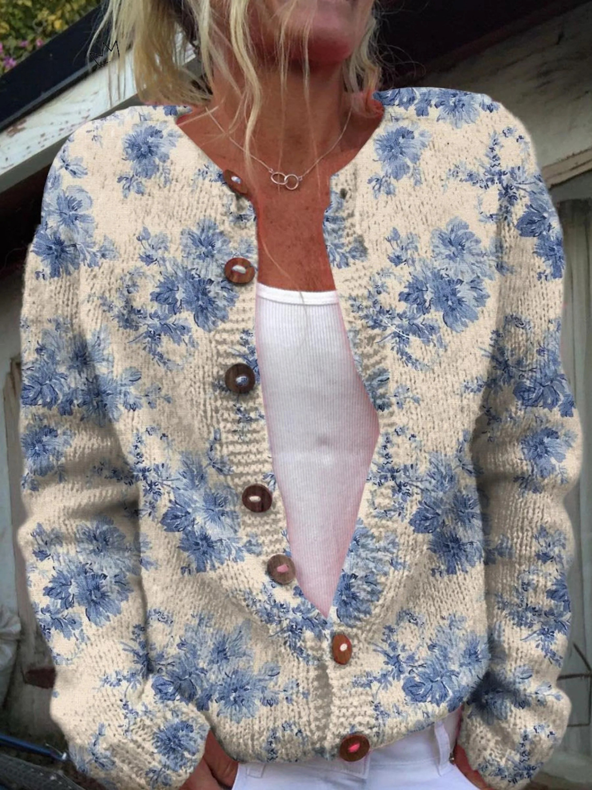 Floral Art Print Buttoned Cardigan
