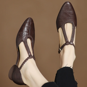 Astrid – Classic Leather T-Bar Shoes with Woven Detail