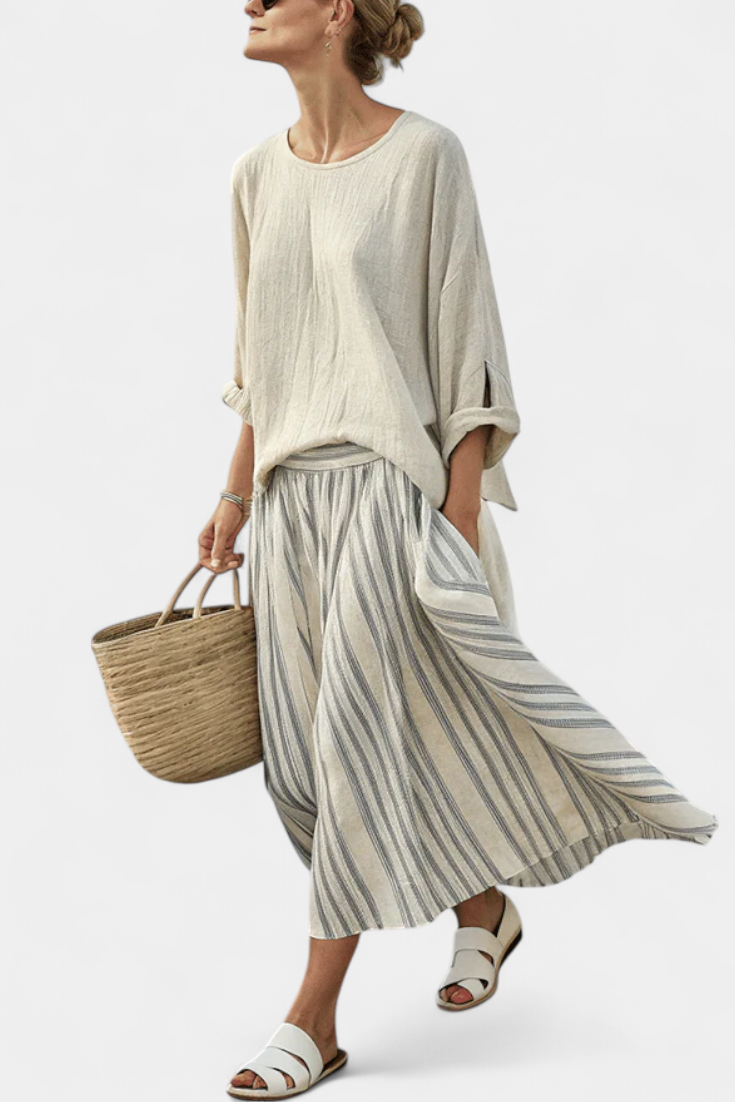 Lotte – Comfortable Relaxed Blouse & Striped Midi Skirt