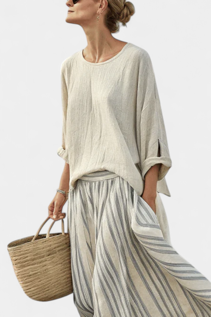 Lotte – Comfortable Relaxed Blouse & Striped Midi Skirt