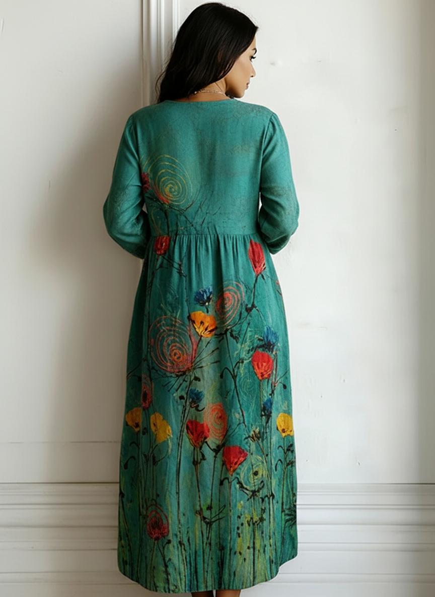 Floral Print V-Neck Maxi Dress with Pockets