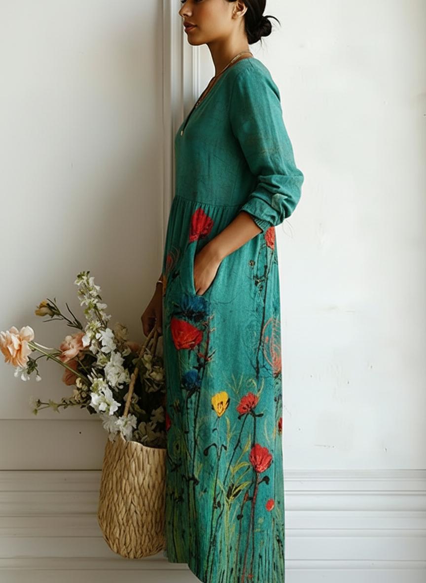 Floral Print V-Neck Maxi Dress with Pockets
