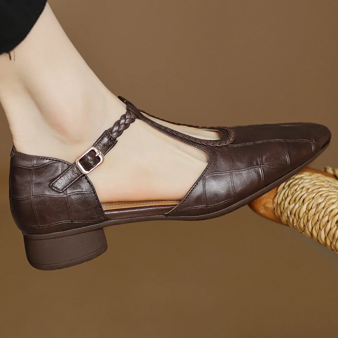 Astrid | Classic Leather Strap Shoes with Braided T-Bar Strap
