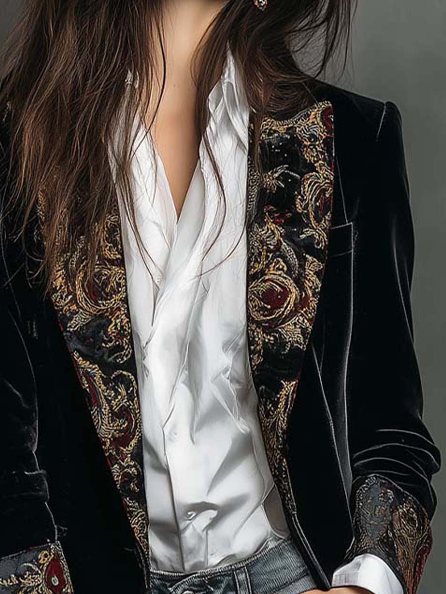 Black Baroque Print Lapel Slim Fit Blazer