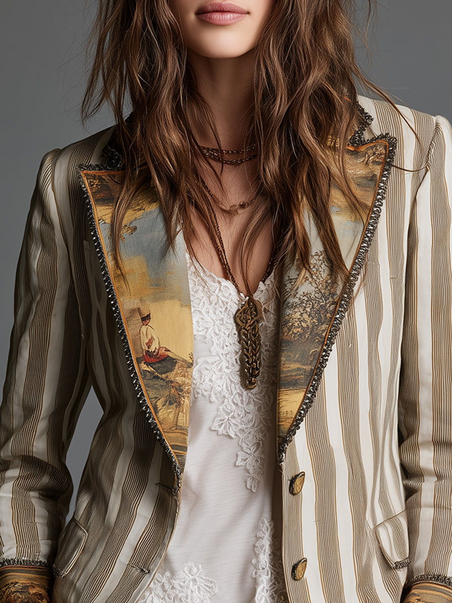 Boho Striped Printed Lapel Blazer