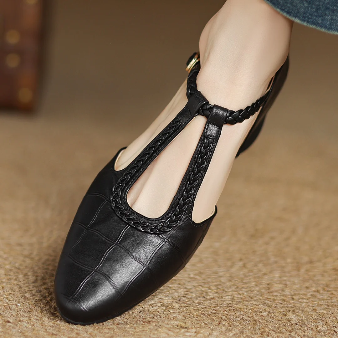 Astrid | Classic Leather Strap Shoes with Braided T-Bar Strap