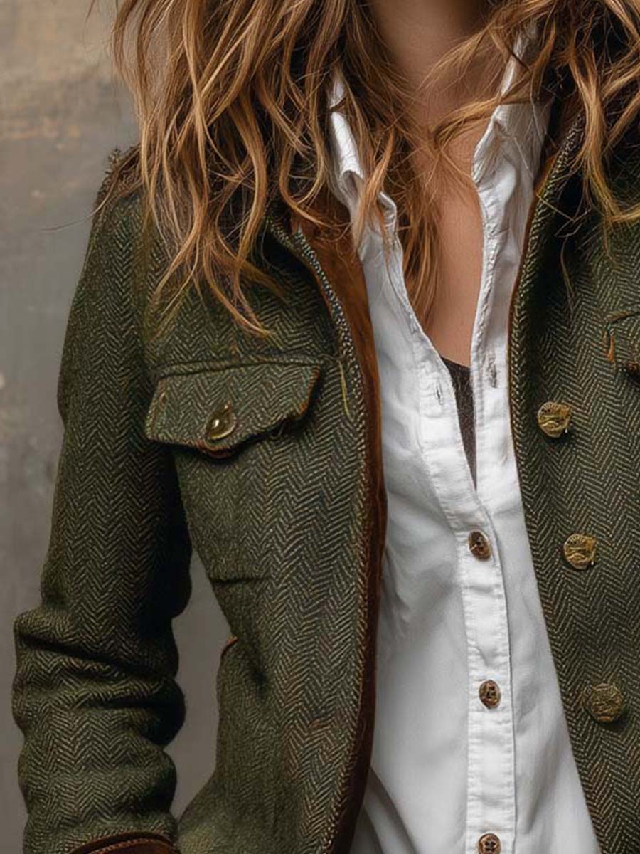 Vintage Herringbone Contrast Trim Blazer