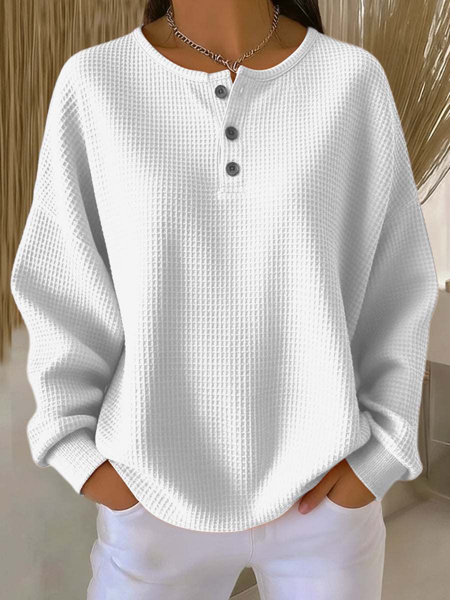 Mirabel - Cozy Waffle Henley Sweatshirt