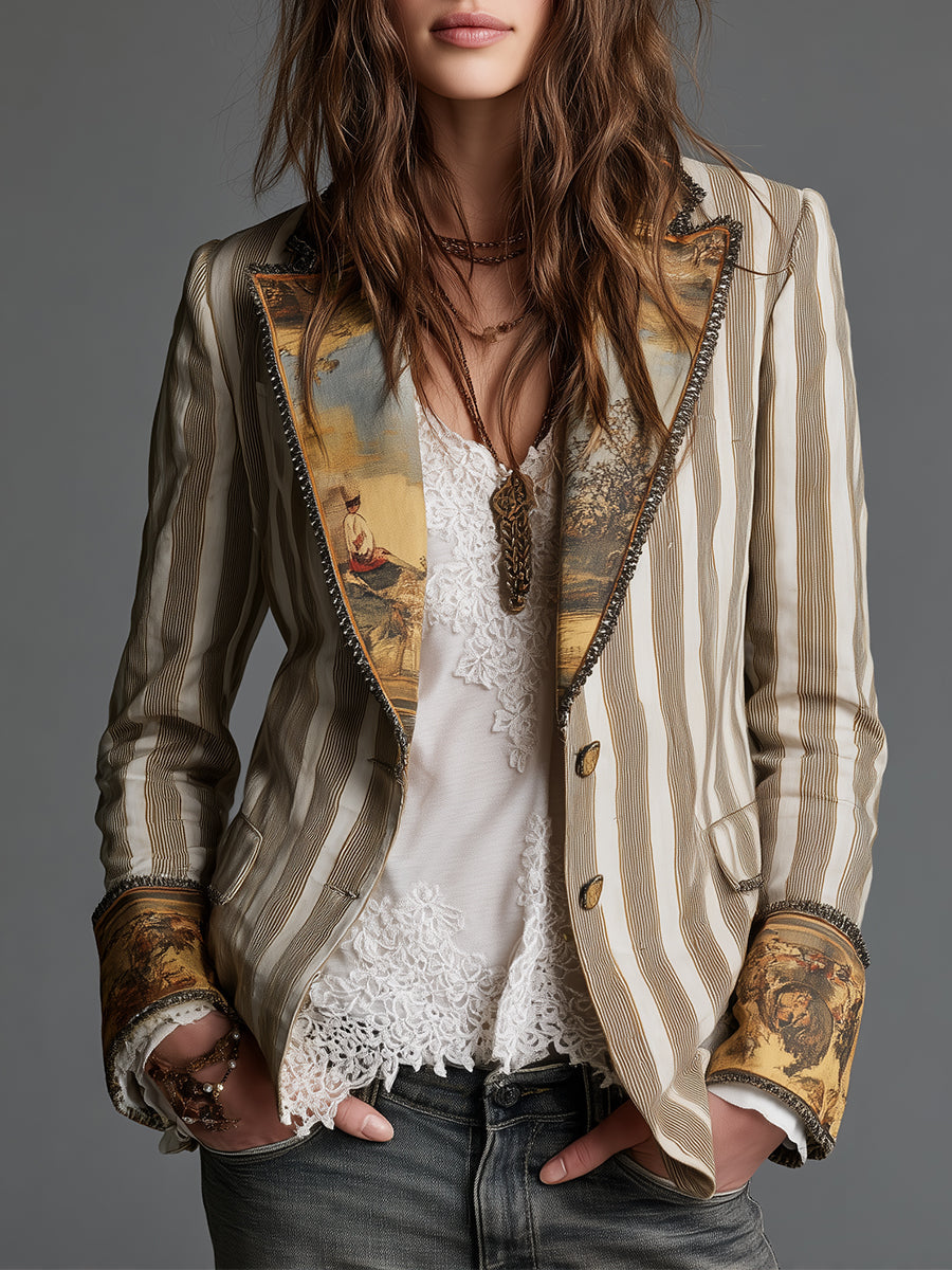 Boho Striped Printed Lapel Blazer