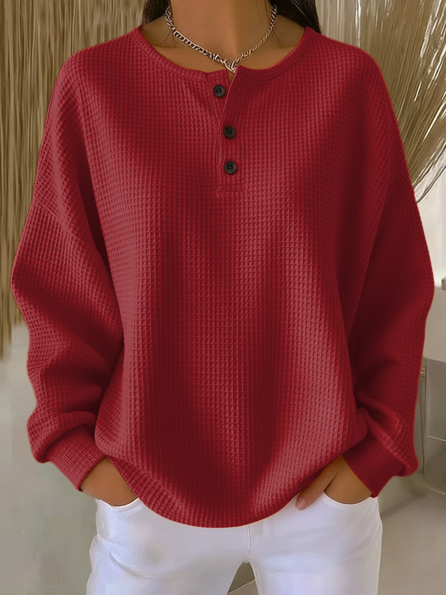 Mirabel - Cozy Waffle Henley Sweatshirt