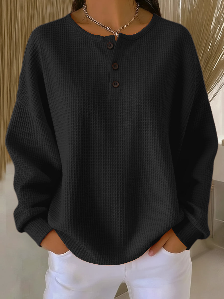 Mirabel - Cozy Waffle Henley Sweatshirt