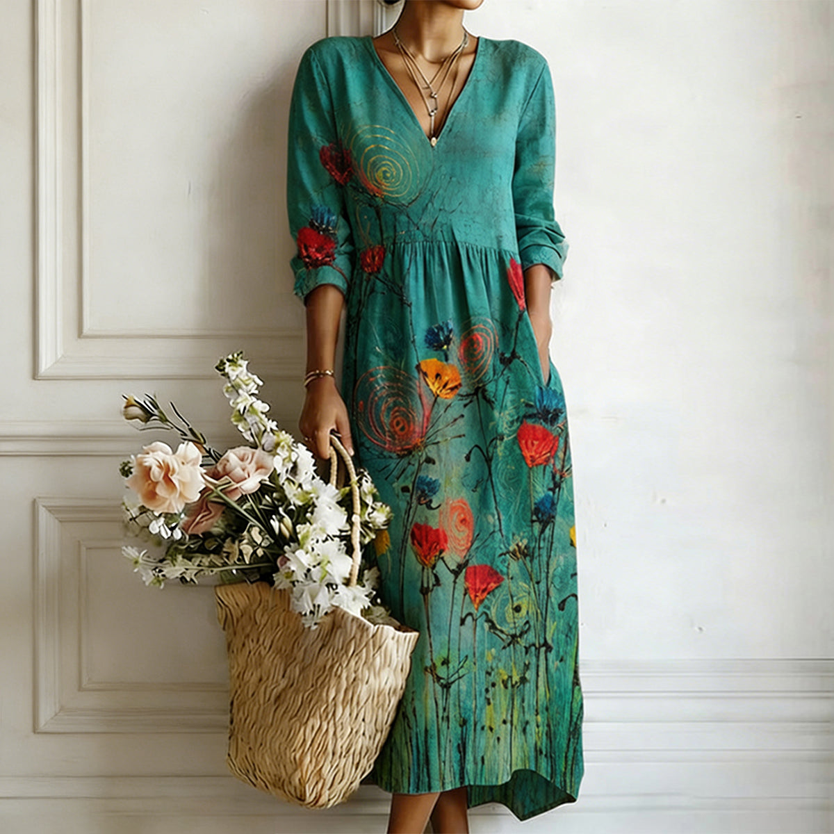 Floral Print V-Neck Maxi Dress with Pockets