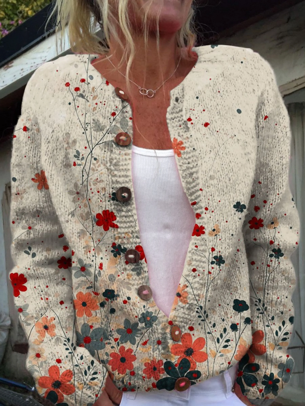 Vintage Flower Art Print Buttoned Cardigan