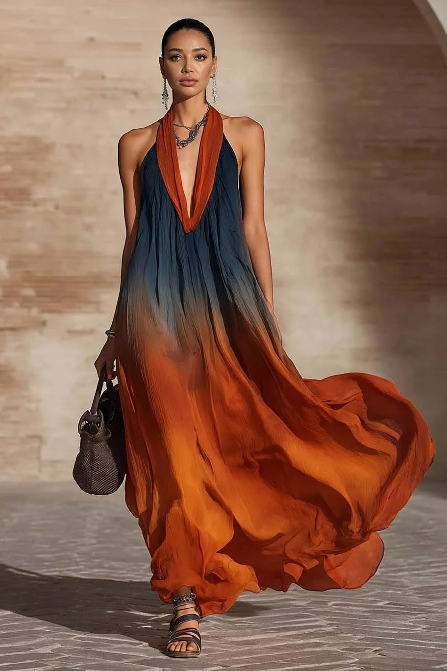 Paula - Gradient Halterneck V-Neck Maxi Dress