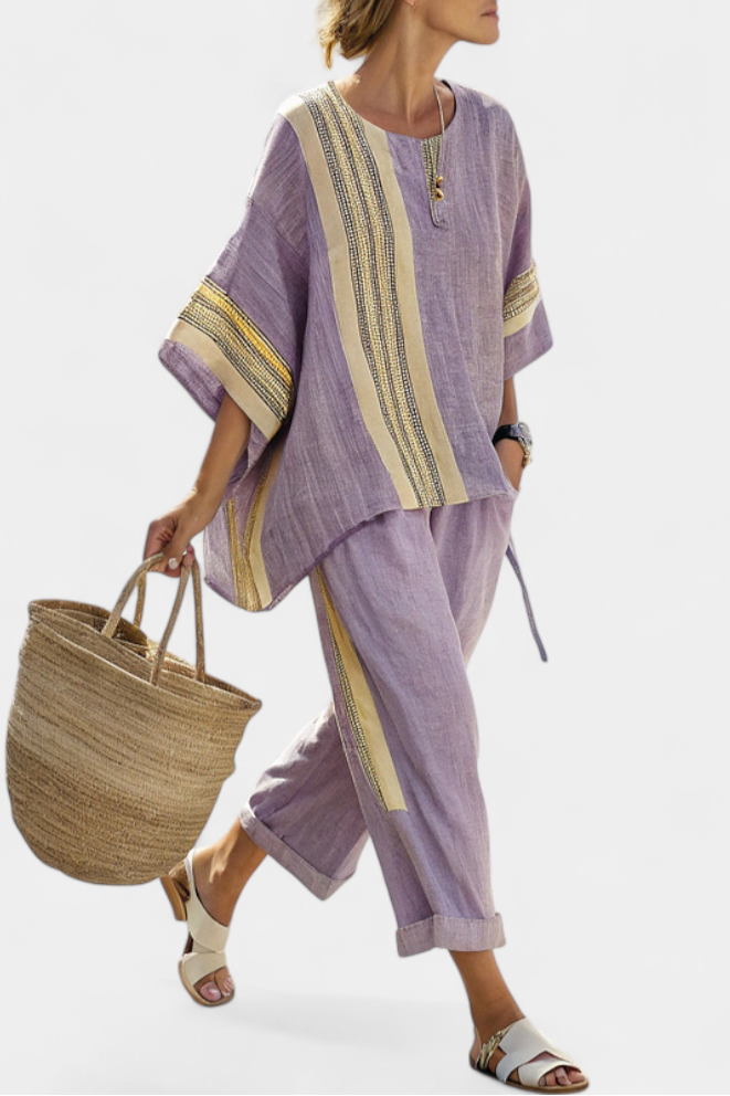 Linde – Elegant Lavender Top & Mustard Striped Trousers