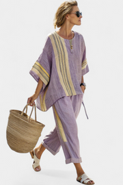 Linde – Elegant Lavender Top & Mustard Striped Trousers