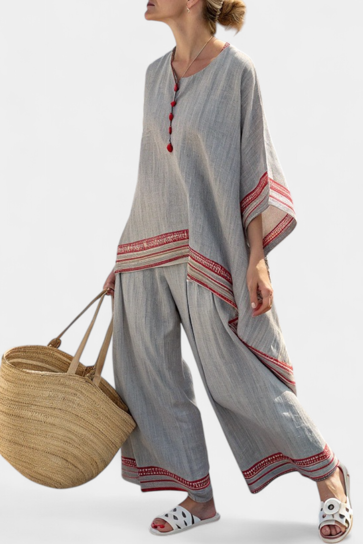 Sanne – Sophisticated Asymmetric Blouse & Ethnic Wide-Leg Trousers