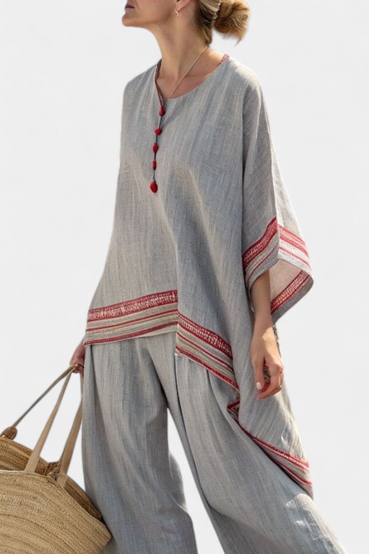 Sanne – Sophisticated Asymmetric Blouse & Ethnic Wide-Leg Trousers