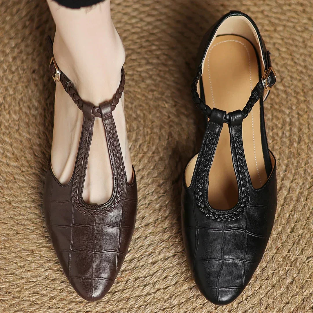 Astrid | Classic Leather Strap Shoes with Braided T-Bar Strap