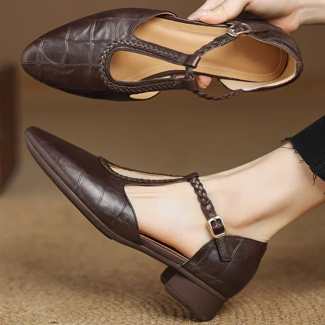 Astrid | Classic Leather Strap Shoes with Braided T-Bar Strap