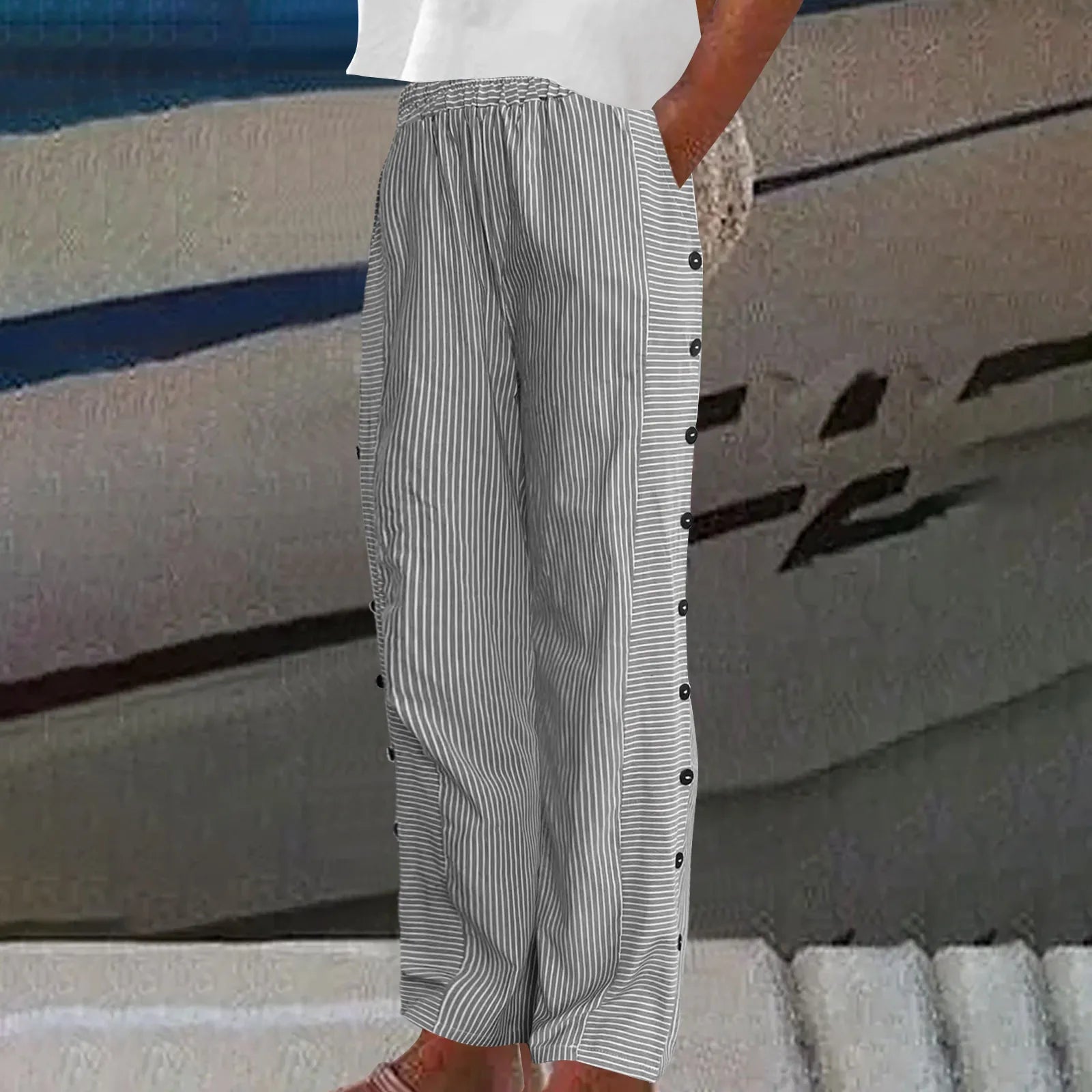 Sharon | Striped Seabreeze Trousers with Button Placket