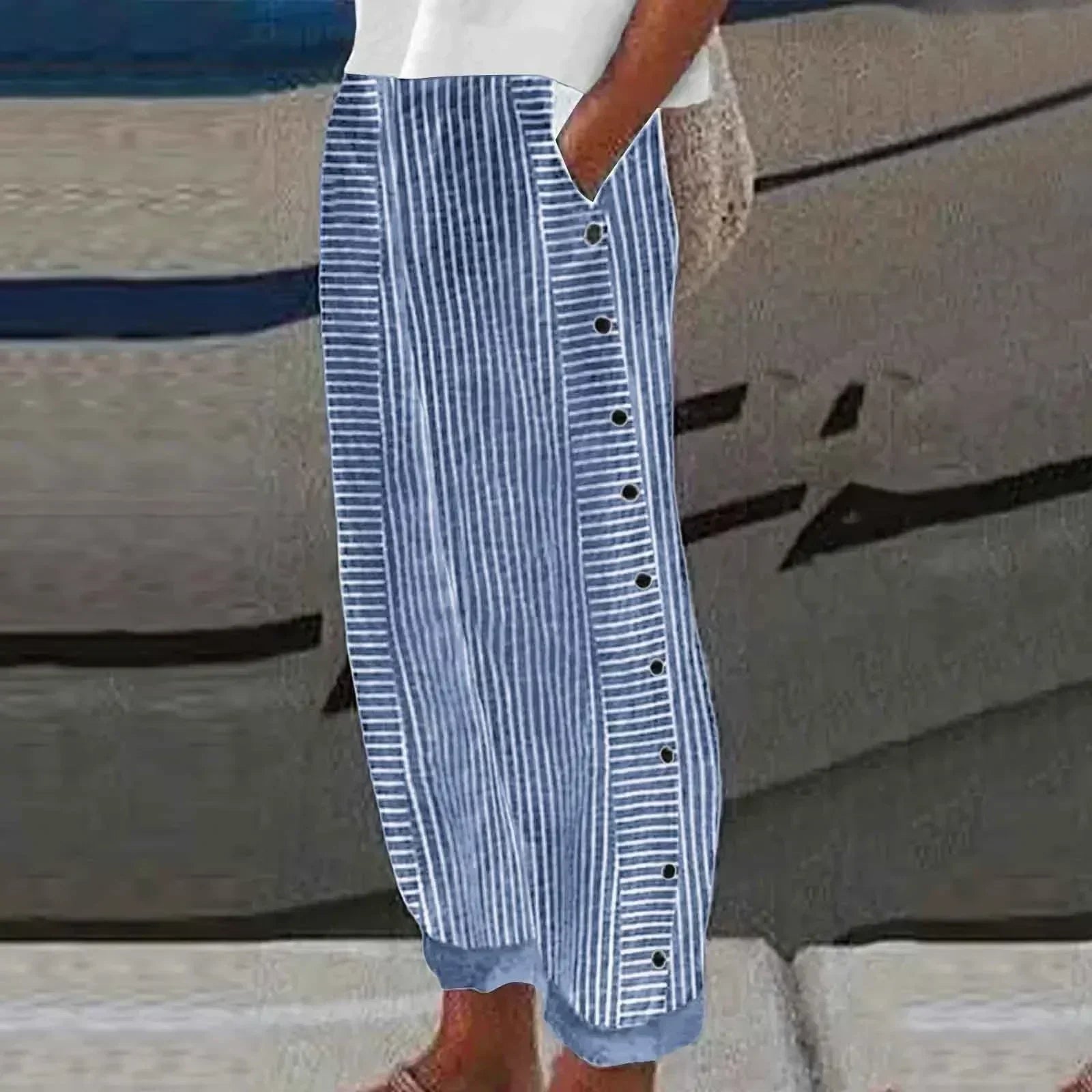 Sharon | Striped Seabreeze Trousers with Button Placket
